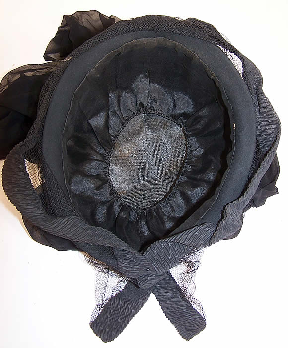 Edwardian WWI Black Silk Veiled Mourning Bonnet Cloche Hat inside view