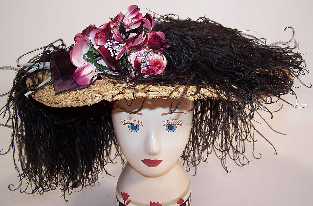 Belle Epoque Edwardian Natural Straw Raffia Wide Brim Ostrich Feather Hat