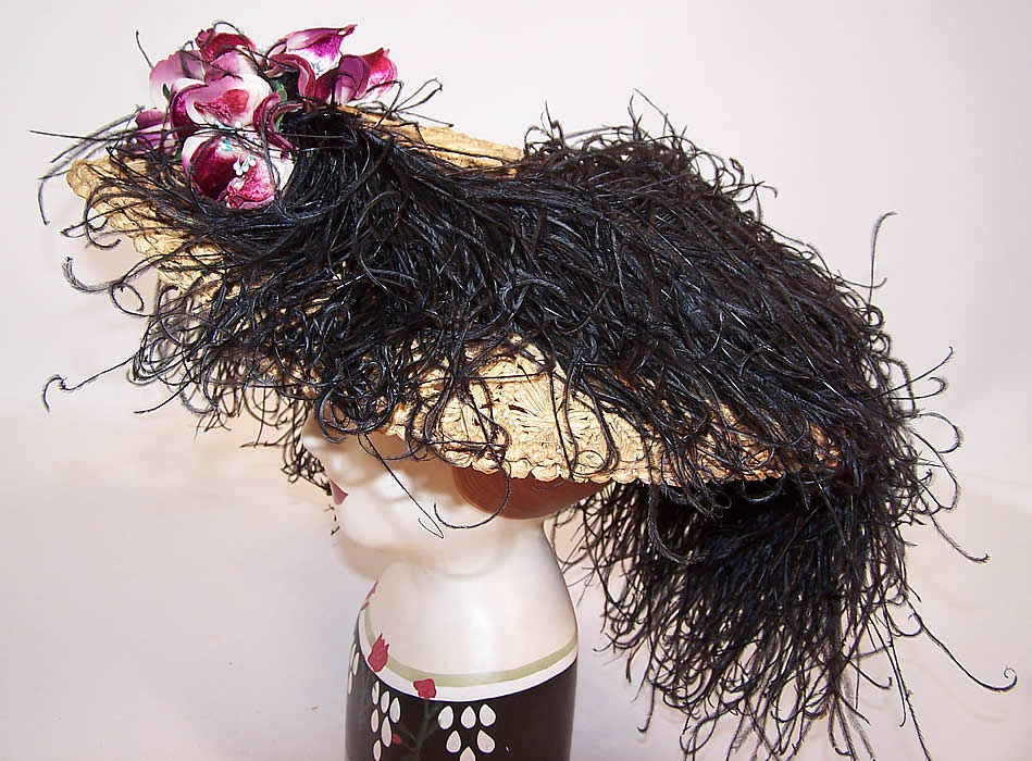 Belle Epoque Edwardian Natural Straw Raffia Wide Brim Ostrich Feather Hat