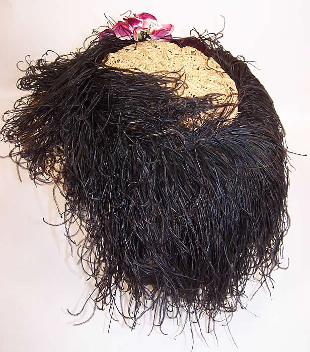 Belle Epoque Edwardian Natural Straw Raffia Wide Brim Ostrich Feather Hat back view