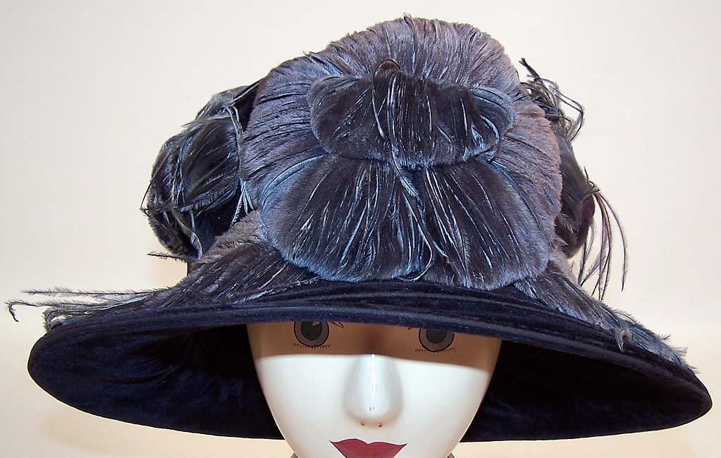 Art Deco Vintage Biltmore Hat Blue Velvet Floral Feather Applique Cloche