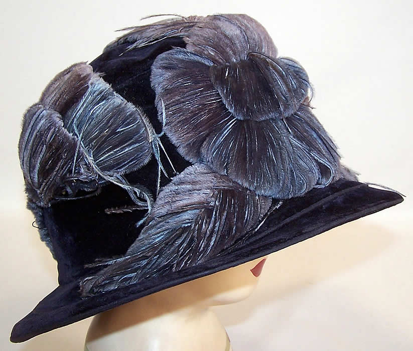 Art Deco Vintage Biltmore Hat Blue Velvet Floral Feather Applique Cloche