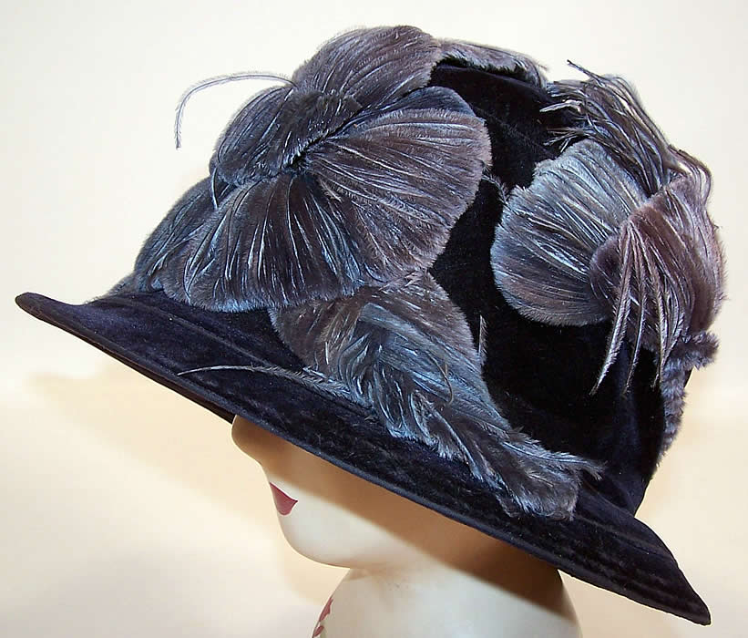 Art Deco Vintage Biltmore Hat Blue Velvet Floral Feather Applique Cloche