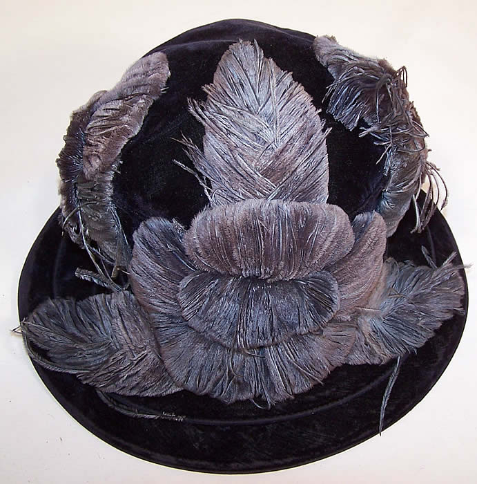 Art Deco Vintage Biltmore Hat Blue Velvet Floral Feather Applique Cloche