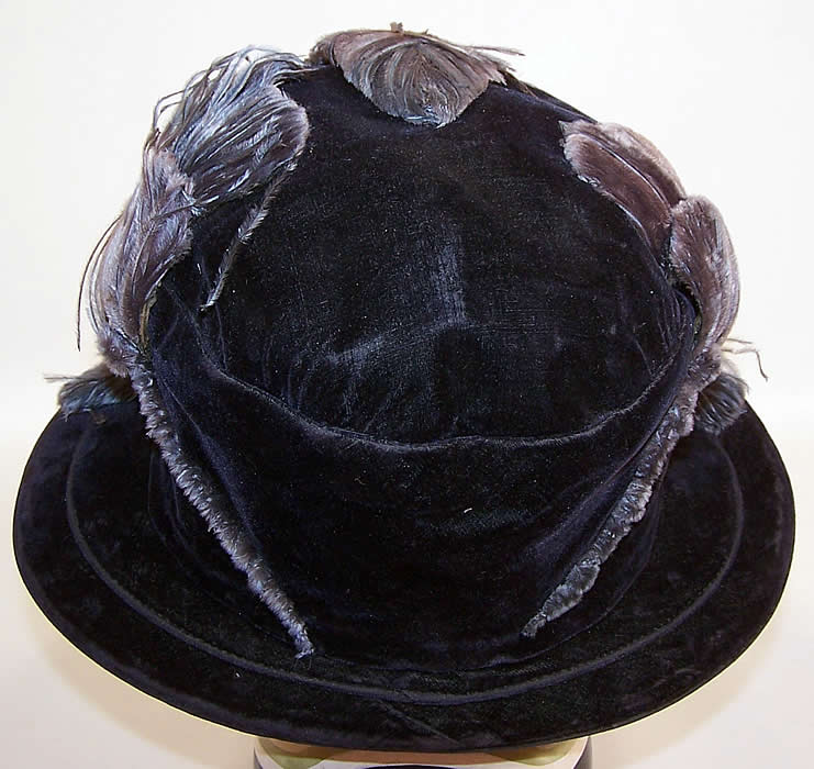 Art Deco Vintage Biltmore Hat Blue Velvet Floral Feather Applique Cloche