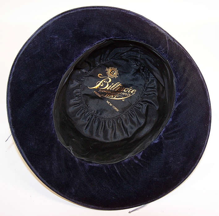 Art Deco Vintage Biltmore Hat Blue Velvet Floral Feather Applique Cloche