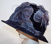 Art Deco Vintage Biltmore Hat Blue Velvet Floral Feather Applique Cloche