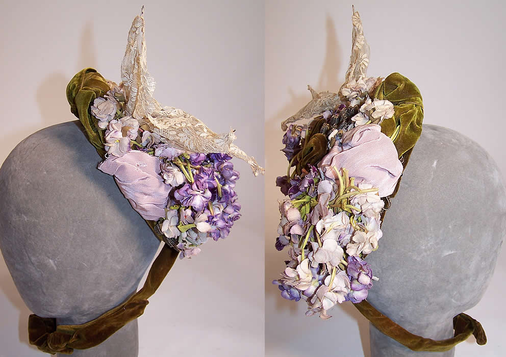 Victorian Green Velvet Violet Silk Flower Posy White Lace Trim Bonnet Hat