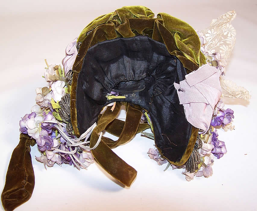 Victorian Green Velvet Violet Silk Flower Posy White Lace Trim Bonnet Hat