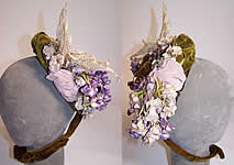 Victorian Green Velvet Violet Silk Flower Posy White Lace Trim Bonnet Hat