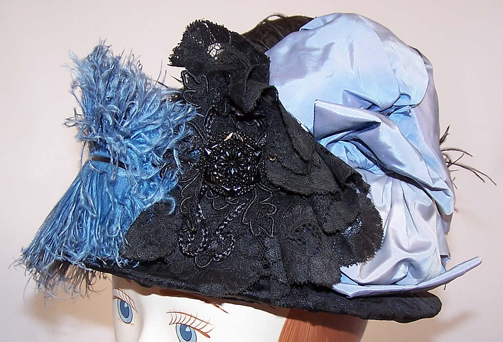 Victorian Black & Blue Silk Ribbon Ostrich Feather Lace Trim Hat