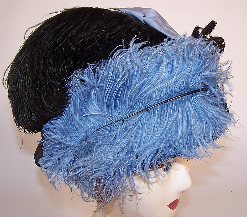 Victorian Black & Blue Silk Ribbon Ostrich Feather Lace Trim Hat