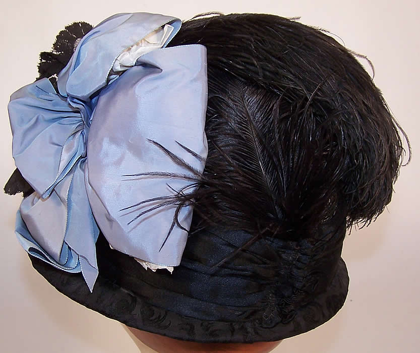 Victorian Black & Blue Silk Ribbon Ostrich Feather Lace Trim Hat