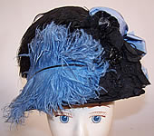 Victorian Black & Blue Silk Ribbon Ostrich Feather Lace Trim Hat