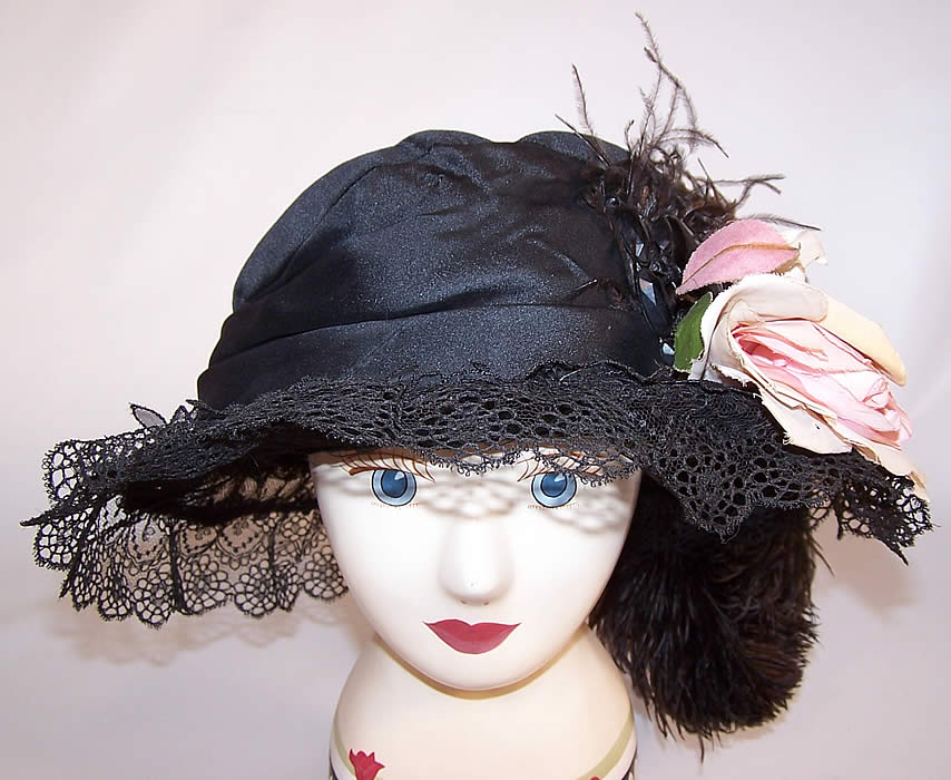 Vintage Belle Epoque Black Silk & Lace Wide Brim Beaded Feather Floral Trim Hat