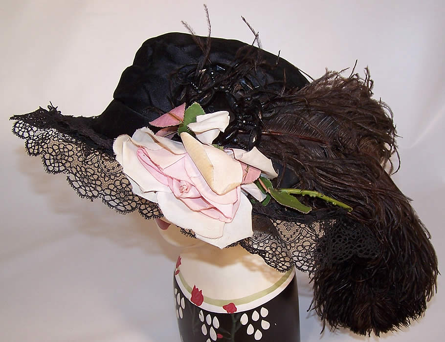 Vintage Belle Epoque Black Silk & Lace Wide Brim Beaded Feather Floral Trim Hat