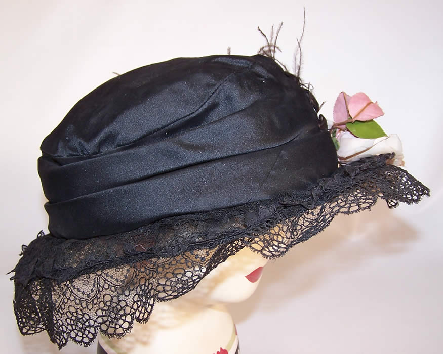 Vintage Belle Epoque Black Silk & Lace Wide Brim Beaded Feather Floral Trim Hat