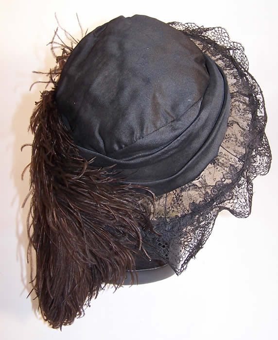 Vintage Belle Epoque Black Silk & Lace Wide Brim Beaded Feather Floral Trim Hat back view