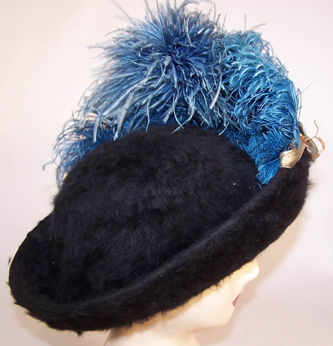 Edwardian Black Beaver Felt Fur Blue Feather Silver Lamé Ribbon Floral Hat