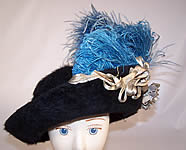 Edwardian Black Beaver Felt Fur Blue Feather Silver Lamé Ribbon Floral Hat