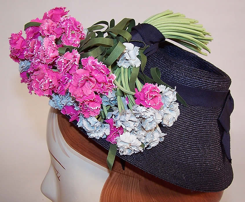 Vintage Juanita Navy Blue Straw Carnation Flower Cocktail Tilt Hat Fascinator side view.