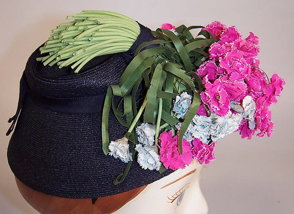 Vintage Juanita Navy Blue Straw Carnation Flower Cocktail Tilt Hat Fascinator other side view.