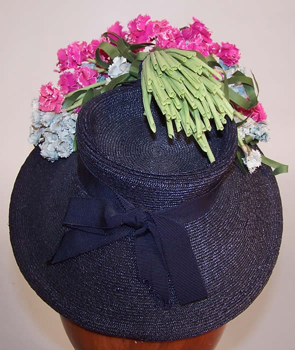 Vintage Juanita Navy Blue Straw Carnation Flower Cocktail Tilt Hat Fascinator back view