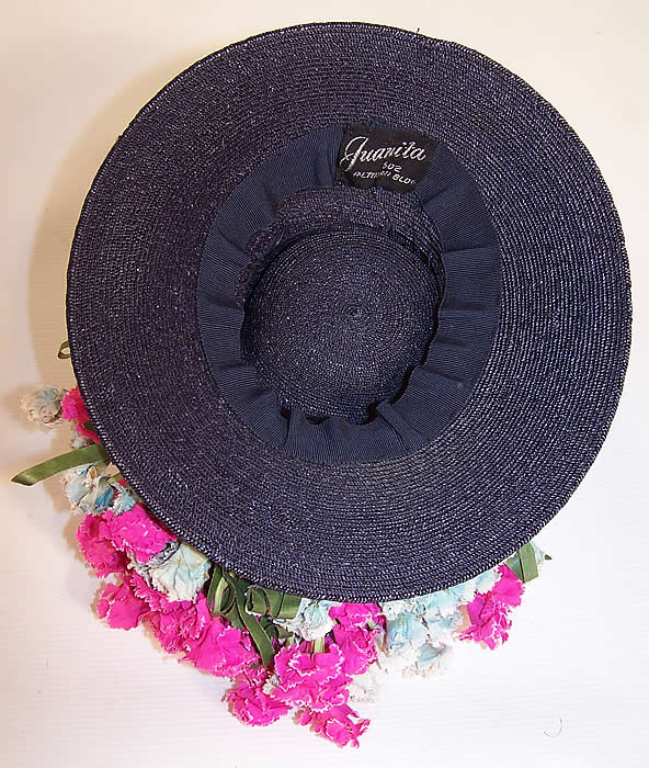 Vintage Juanita Navy Blue Straw Carnation Flower Cocktail Tilt Hat Fascinator inside view