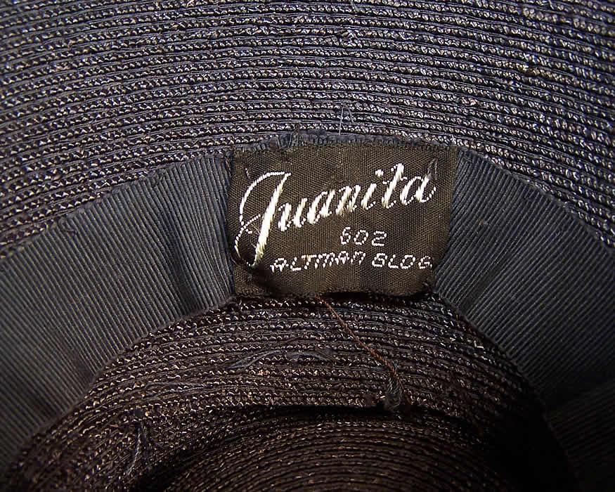 Vintage Juanita Navy Blue Straw Carnation Flower Cocktail Tilt Hat Fascinator label close up.