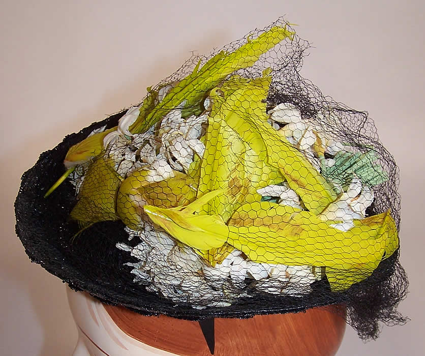  Vintage Gage Handcraft Black Straw Yellow Feather Floral Cocktail Tilt Hat Fascinator side view.