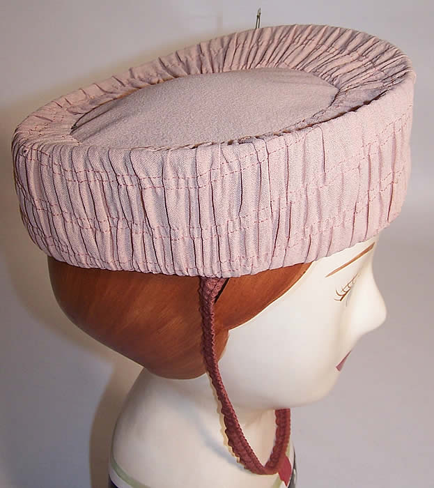 Vintage Pink Silk Floral Trim Ladies Bellhop Toque Style Harlequin Hat other side view.