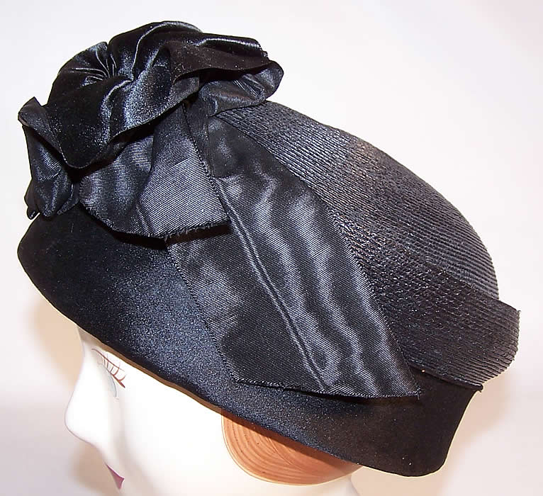 Edwardian Black Straw Silk Ribbon Bow Trim Toque Hat