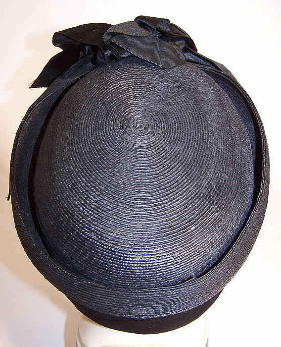 Edwardian Black Straw Silk Ribbon Bow Trim Toque Hat