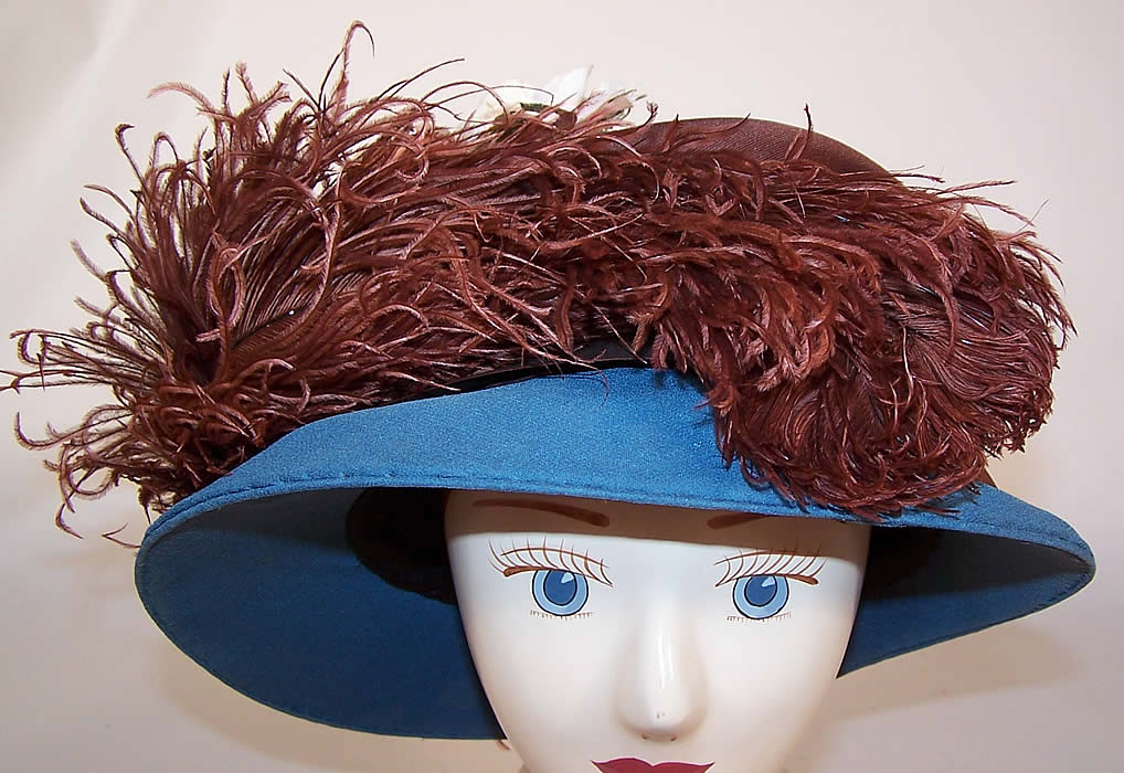 Vintage Blue Brown Silk Crepe Ostrich Feather Floral Ascot Hat