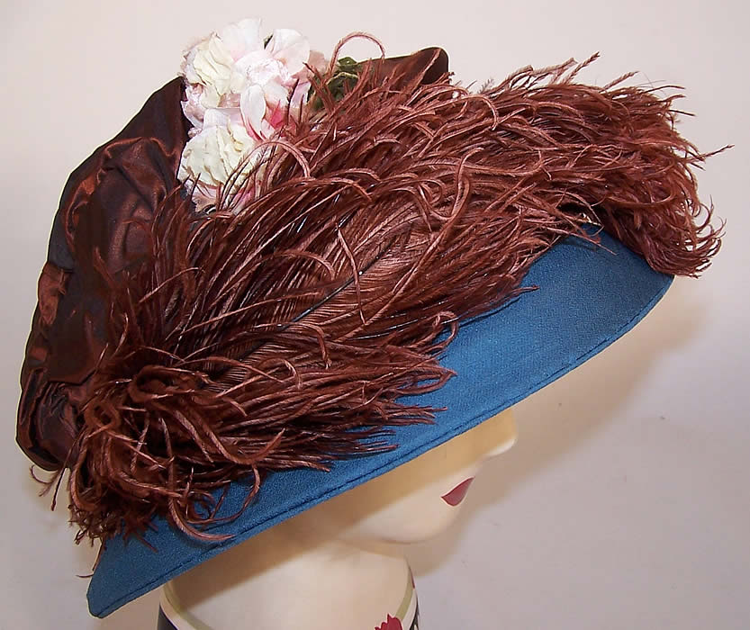 Vintage Blue Brown Silk Crepe Ostrich Feather Floral Ascot Hat side view.