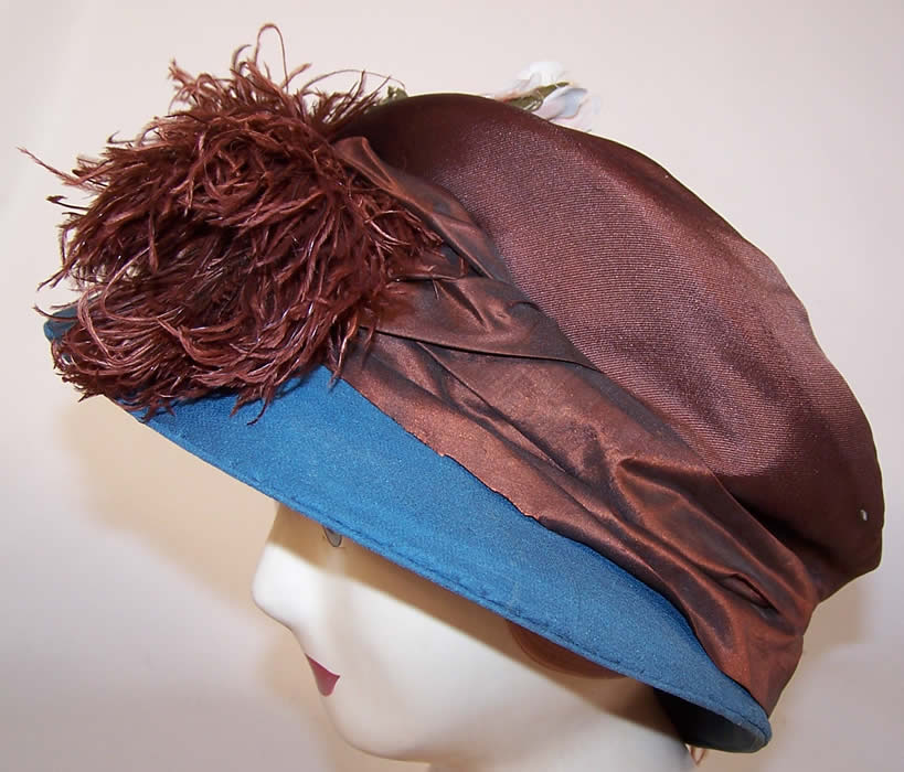 Vintage Blue Brown Silk Crepe Ostrich Feather Floral Ascot Hat side view