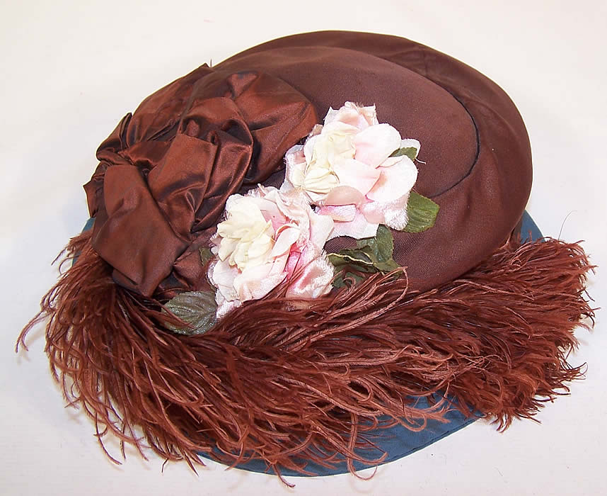 Vintage Blue Brown Silk Crepe Ostrich Feather Floral Ascot Hat