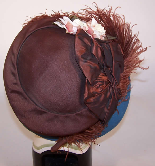 Vintage Blue Brown Silk Crepe Ostrich Feather Floral Ascot Hat