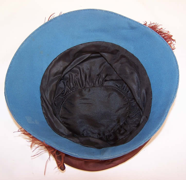 Vintage Blue Brown Silk Crepe Ostrich Feather Floral Ascot Hat inside