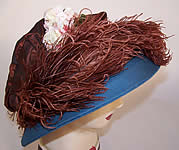 Vintage 1920s Blue Brown Silk Crepe Ostrich Feather Floral Ascot Hat