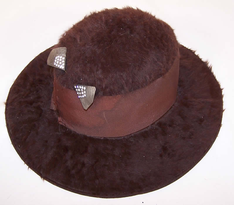 Vintage Art Deco Rhinestone Pin Brown Beaver Felt Fur Wide Brim Cloche Hat 