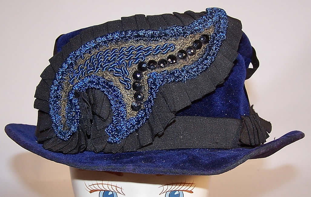 Edwardian Blue Velvet Gold Metallic Applique Trim Ladies Fedora Hat