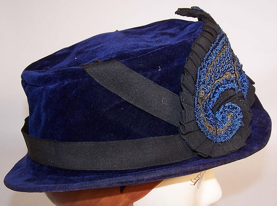 Edwardian Blue Velvet Gold Metallic Applique Trim Ladies Fedora Hat