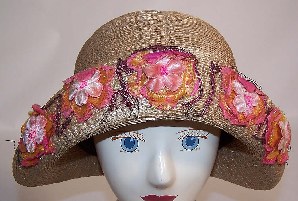 Vintage Natural Straw Upturned Brim Pink Silk Flower Flapper Cloche Hat 