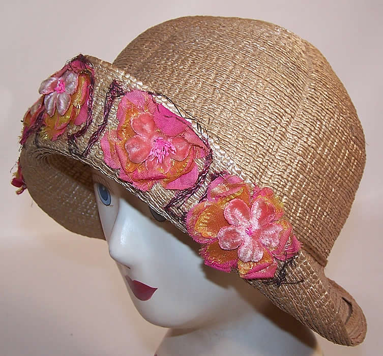 Vintage Natural Straw Upturned Brim Pink Silk Flower Flapper Cloche Hat 