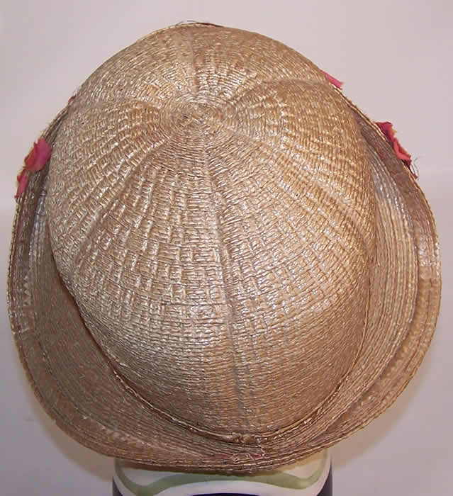 Vintage Natural Straw Upturned Brim Pink Silk Flower Flapper Cloche Hat 