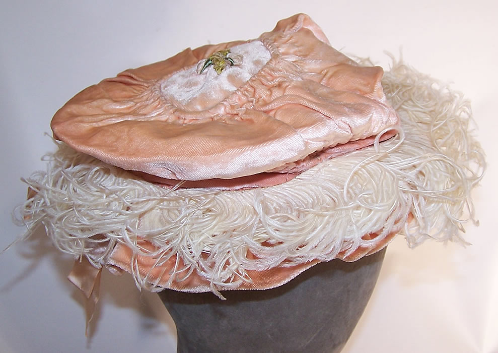 Edwardian Belle Epoque Pink Velvet Rosette Ribbon Ostrich Feather Childs Hat