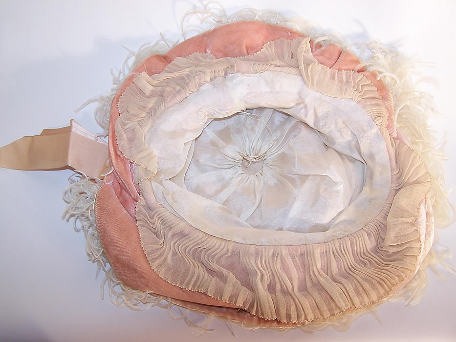 Edwardian Belle Epoque Pink Velvet Rosette Ribbon Ostrich Feather Childs Hat