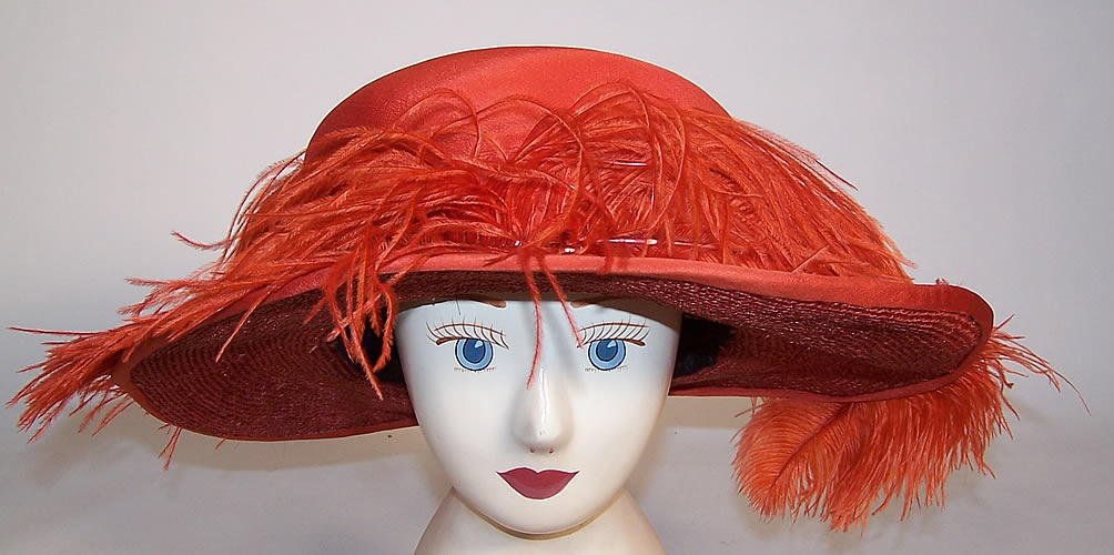 Vintage Schoen & Co Red Orange Silk Straw Feather Wide Brim Hat