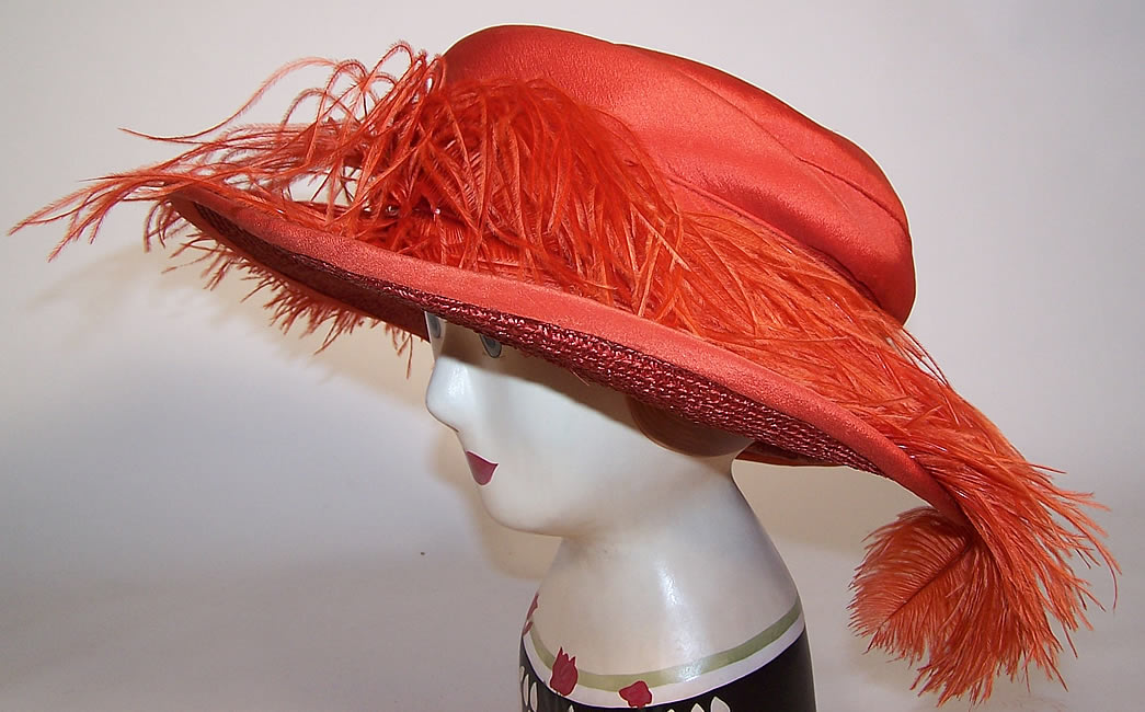 Vintage Schoen & Co Red Orange Silk Straw Feather Wide Brim Hat